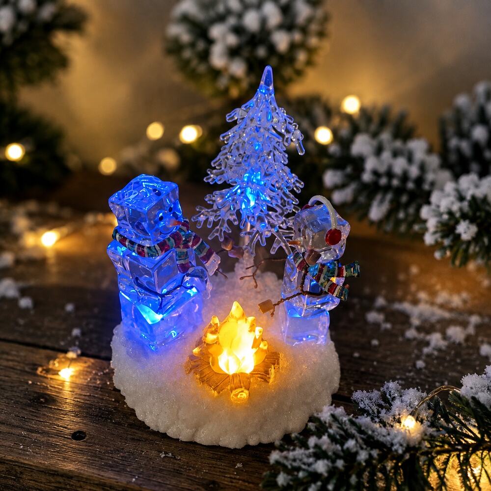 Vintage JCPenney Roly Polys Lighted 3 Snowmen Campfire Tree Christmas Figurine